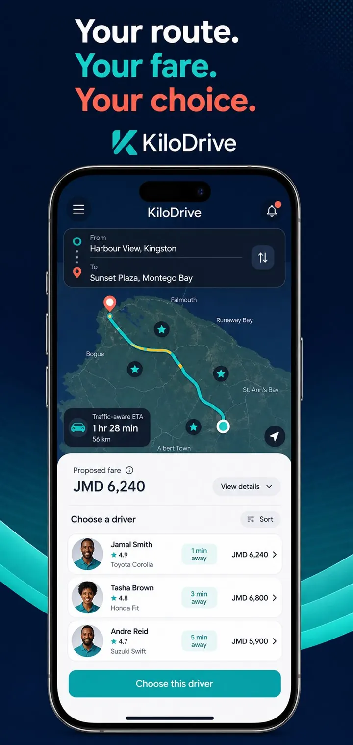 KiloDrive rider screen comparing driver, vehicle, rating, arrival, and fare information