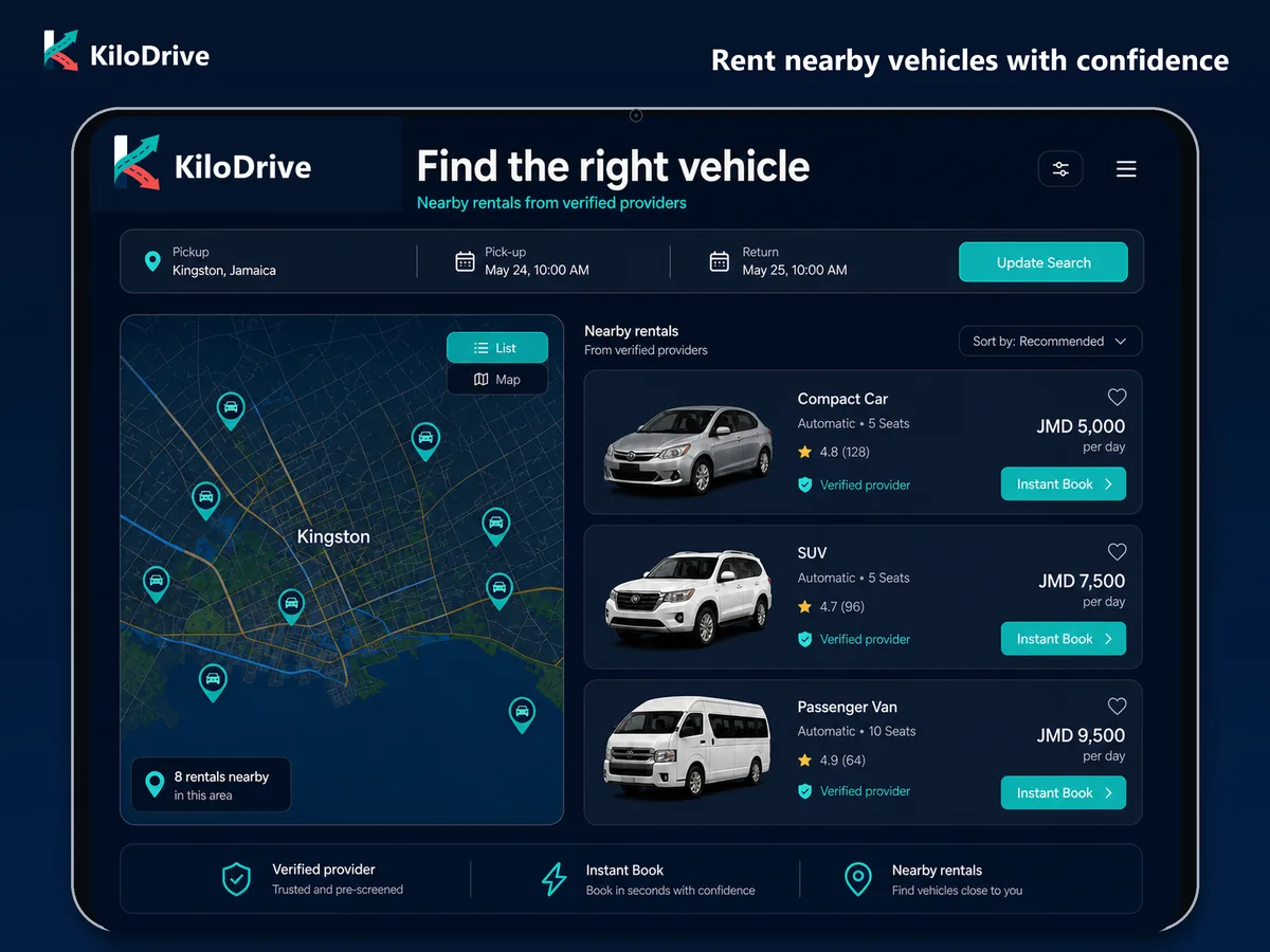 Wide KiloDrive rental marketplace showing vehicle discovery