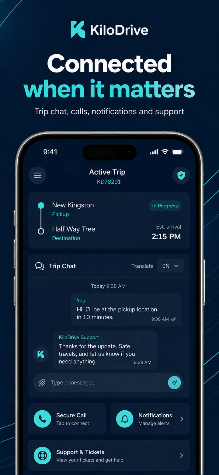 KiloDrive rider support screen linked to a journey