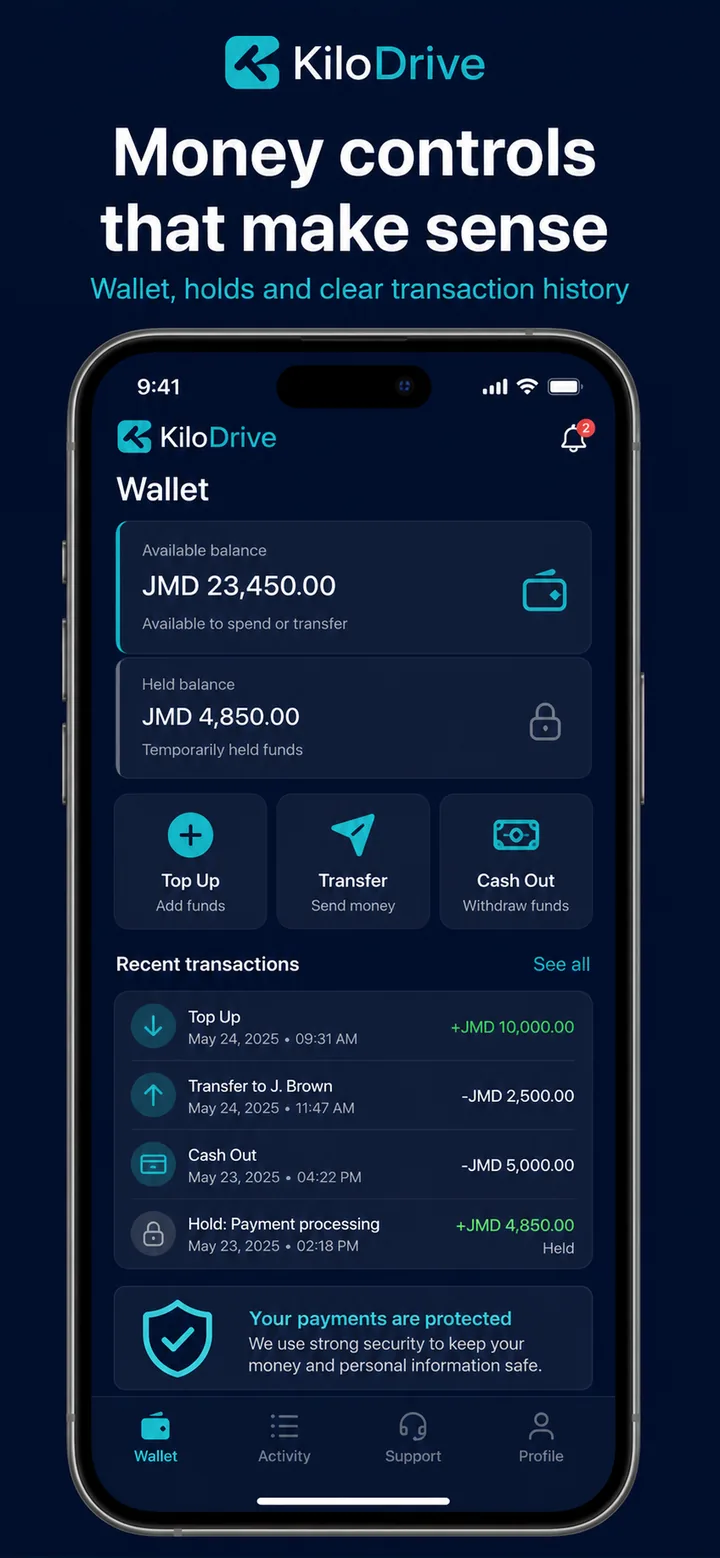 KiloDrive rider wallet and transaction screen