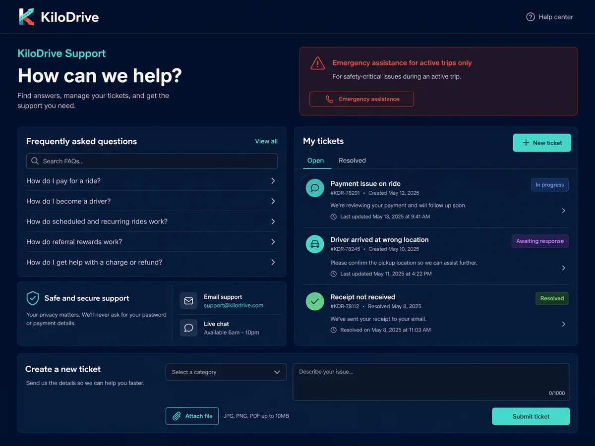 KiloDrive support workspace linked to a parcel delivery