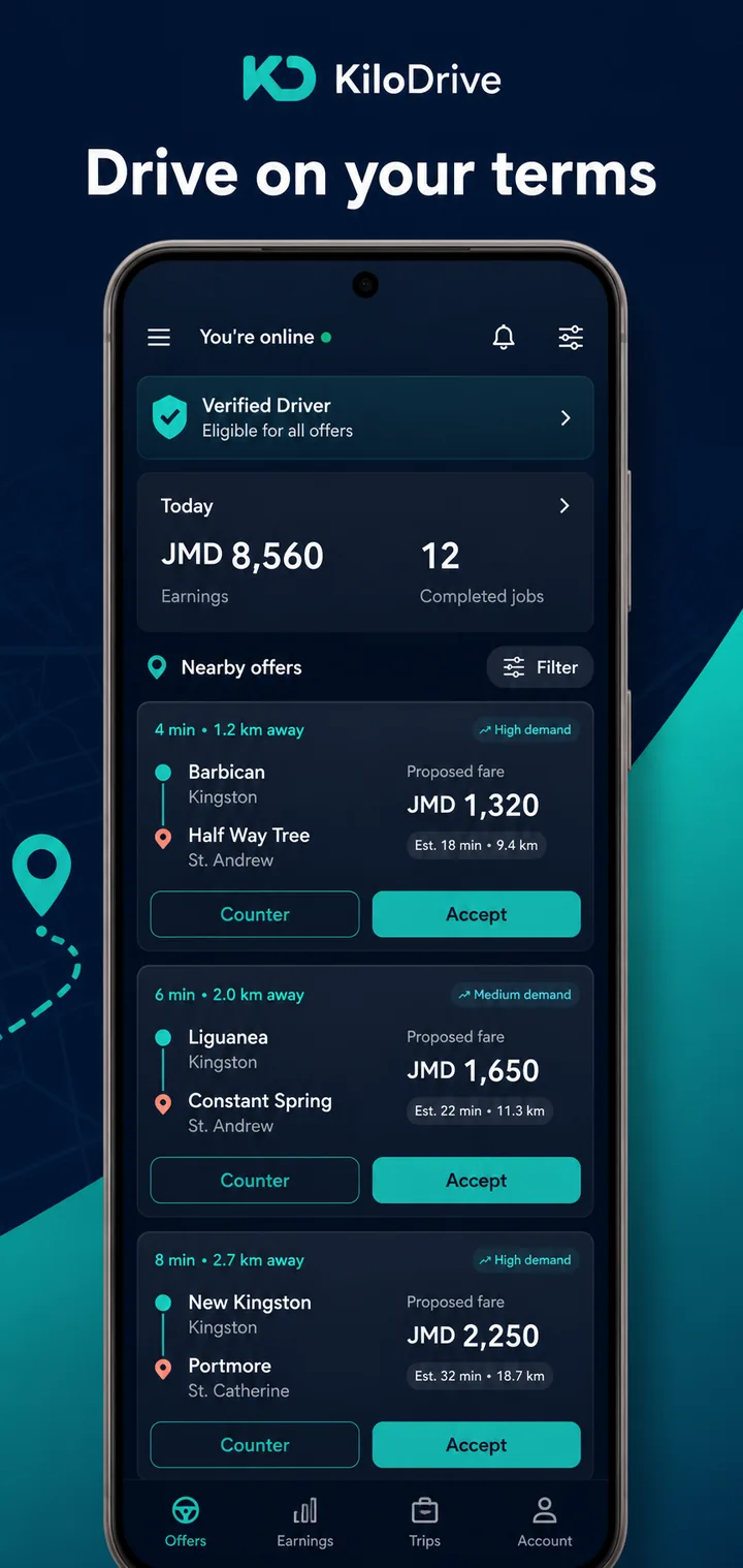 KiloDrive driver offer screen showing routes, fares, and accept or counter actions