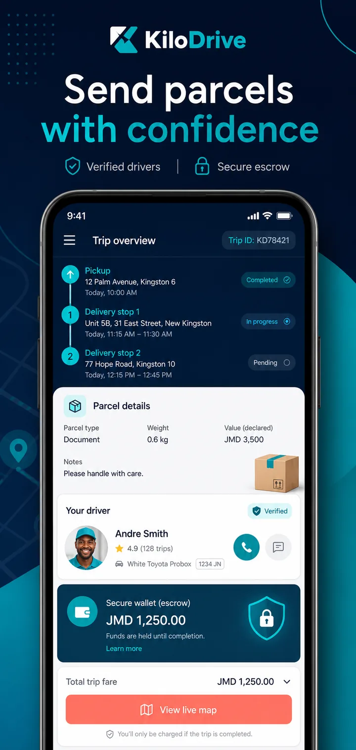 KiloDrive parcel delivery screen with custody stops, driver, and protected payment information