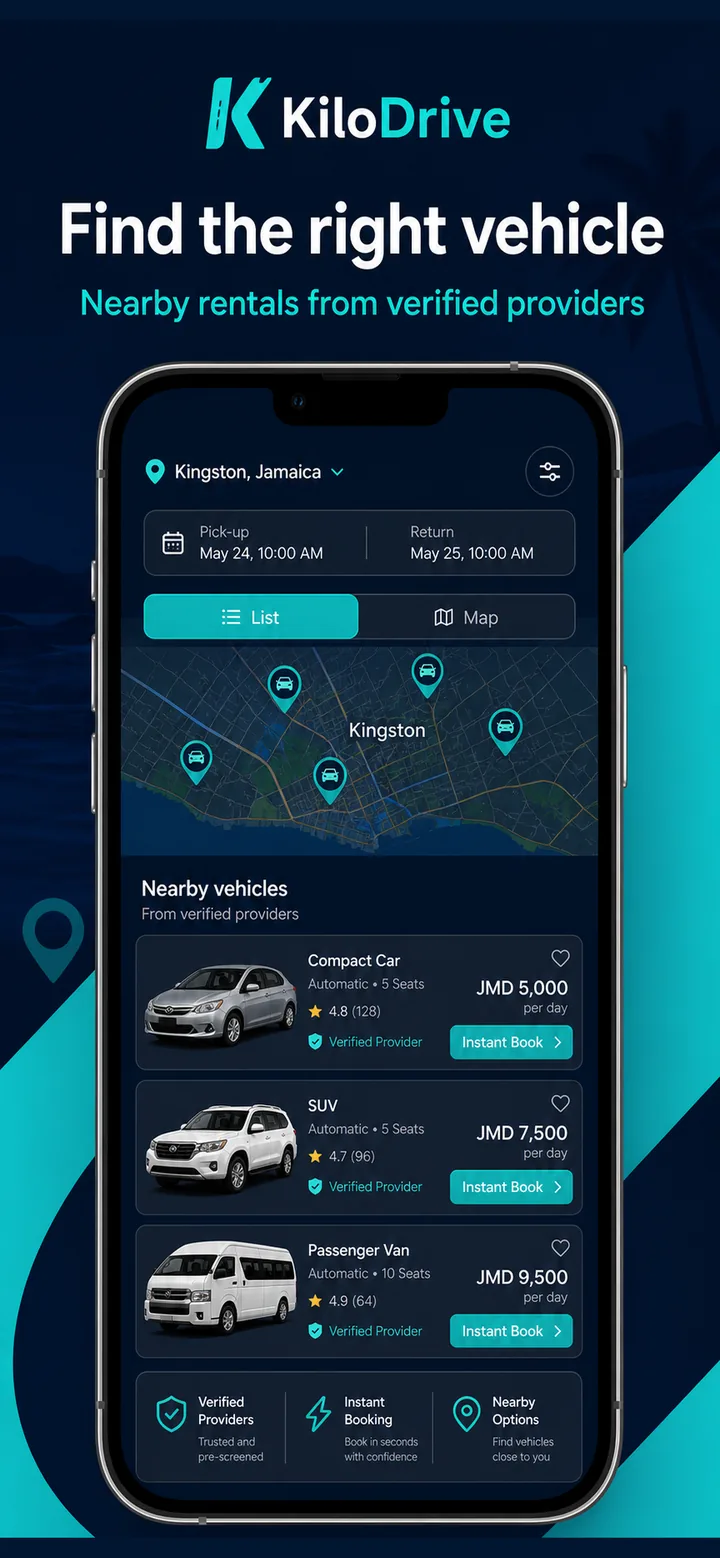 KiloDrive vehicle rental marketplace with map, filters, providers, and vehicle choices
