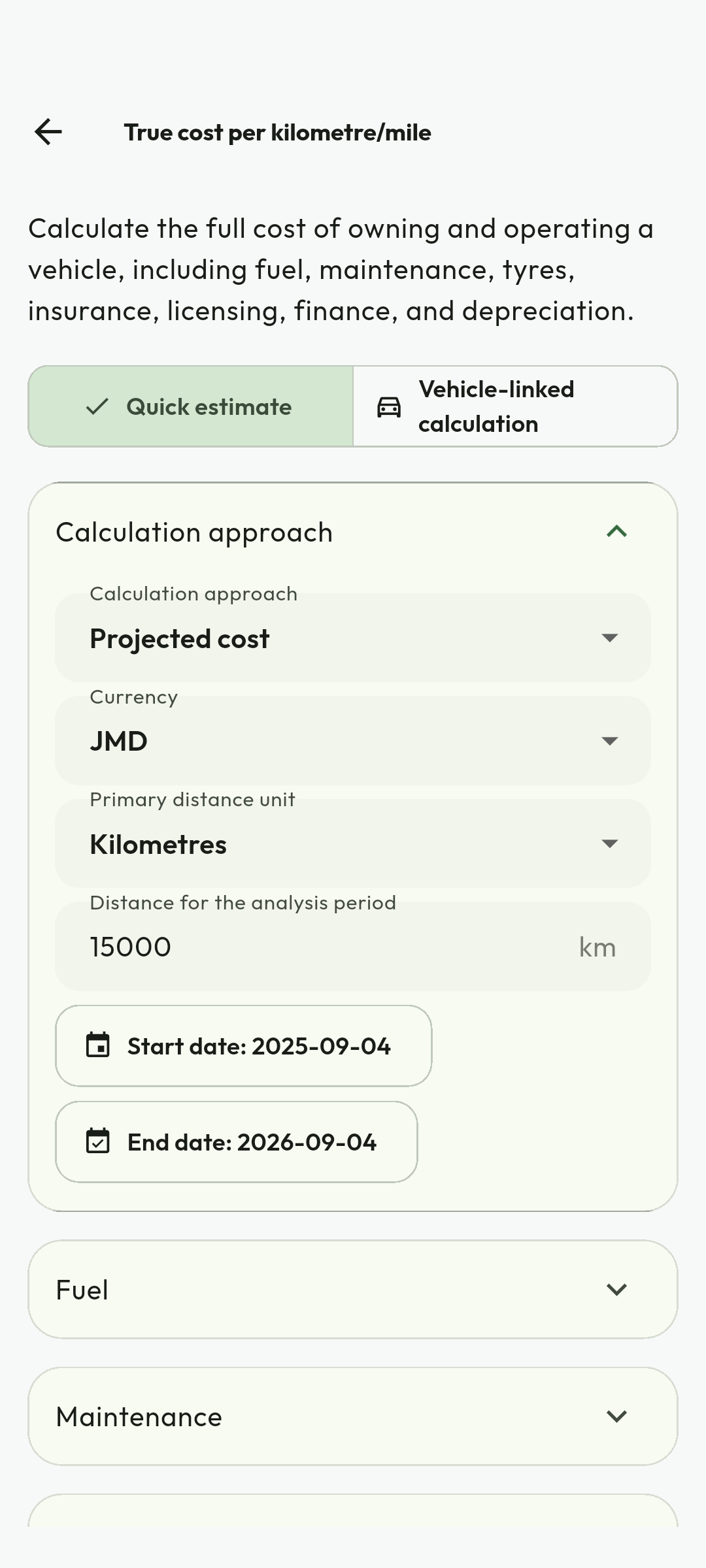 Choose a costing approach. Select quick or vehicle-linked costing, the period, currency and distance units. Enter actual fuel, maintenance, tyres, insurance and other costs. A linked vehicle can supply facts but missing costs still require review.