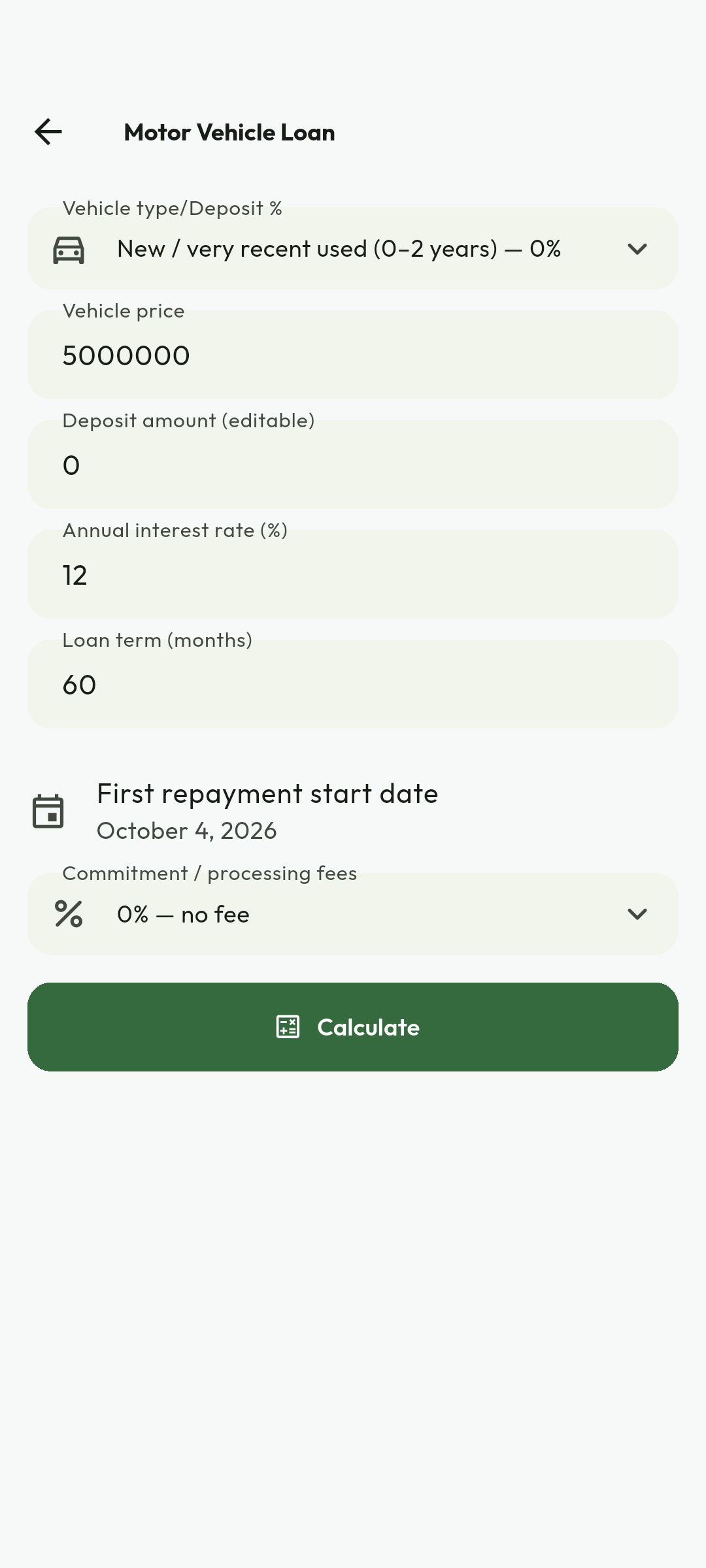 Set the finance assumptions. Select vehicle condition, enter price, deposit, annual interest, term and fees. Review the first repayment date before choosing Calculate. These example inputs are not an approved loan offer.