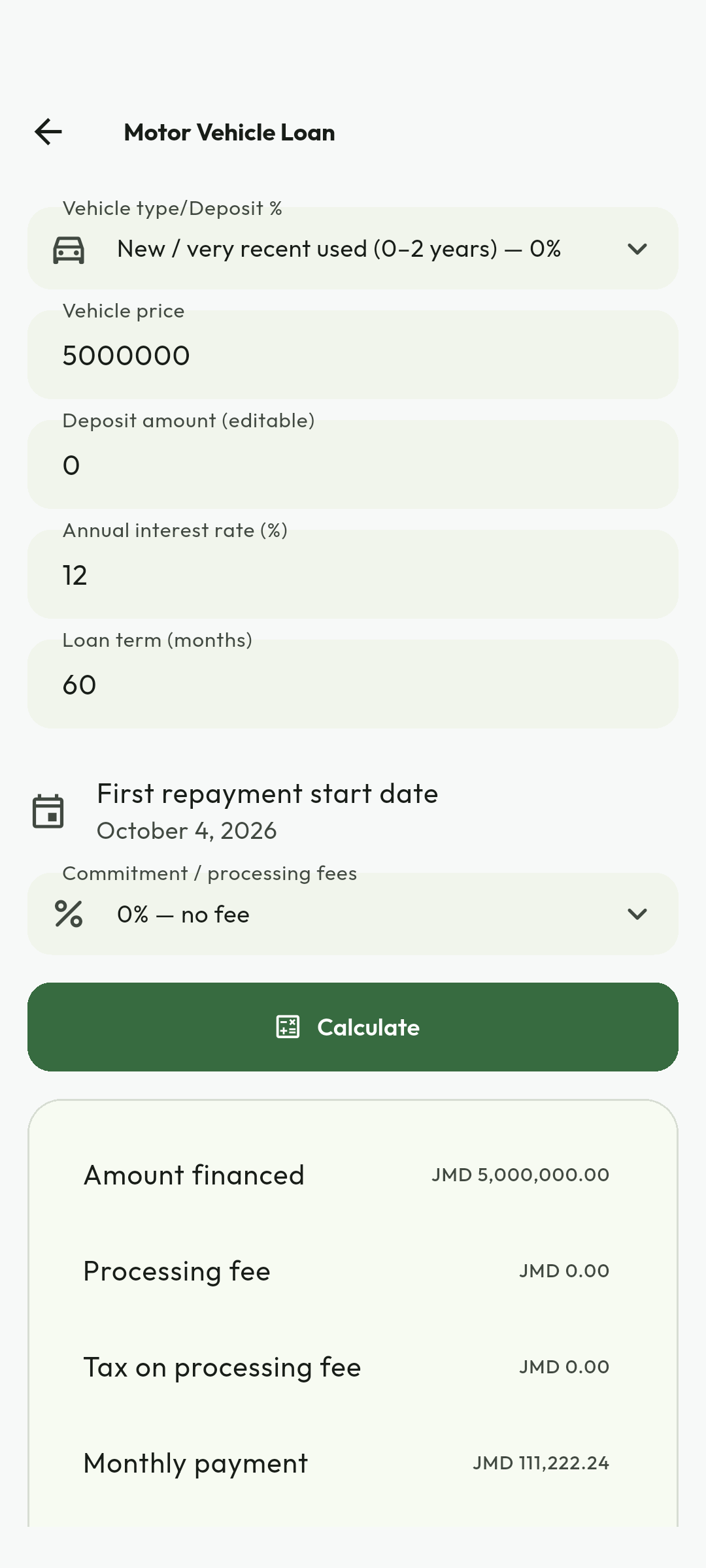 Read the calculated payment. The result shows the financed amount, fees and monthly payment below the form. Scroll for further results and compare them with the lender's actual terms; the illustration uses a sample amount.