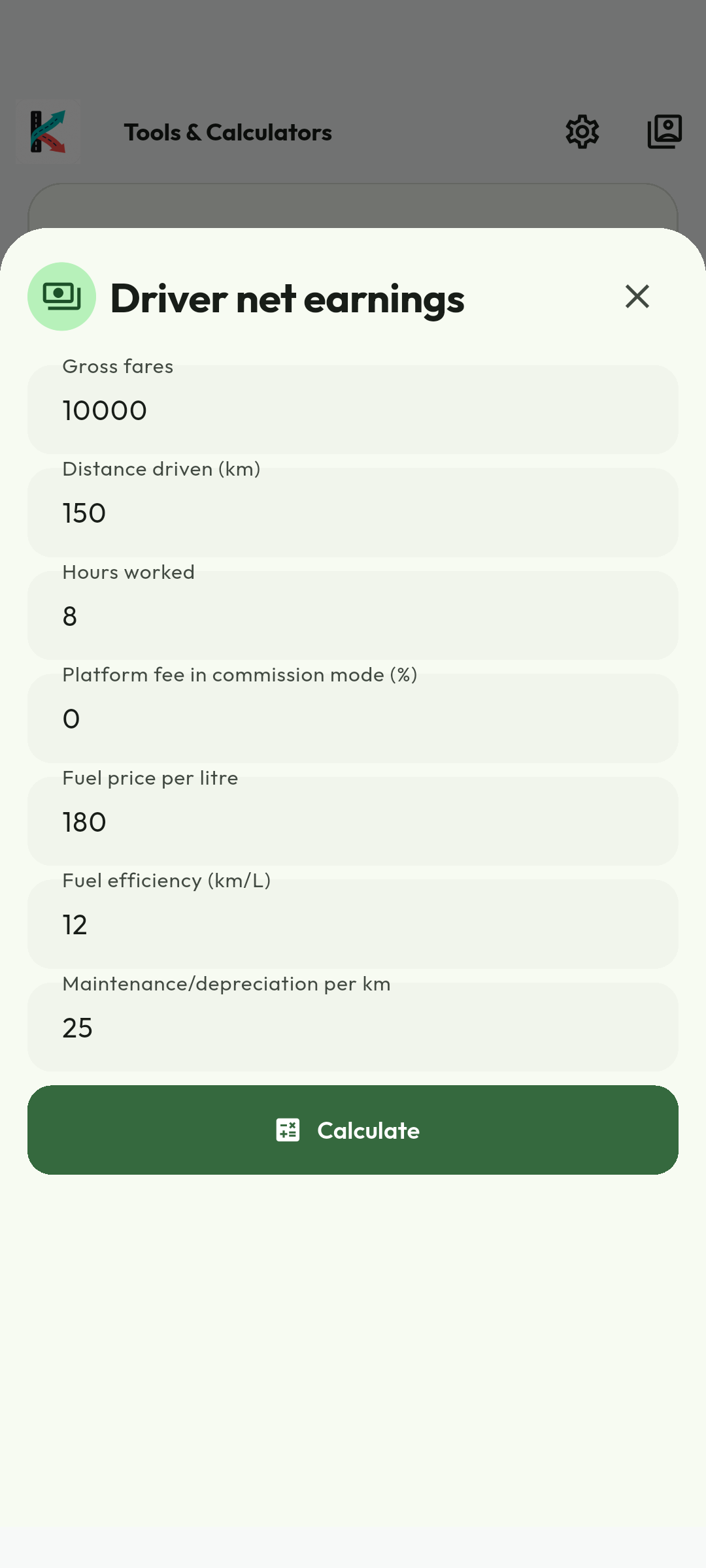 Enter earnings and expenses. Enter gross fares, platform fees, hours worked, fuel price, economy and maintenance assumptions. Keep the selected country/currency consistent. The fee entered in this calculator does not change your membership or commission contract.