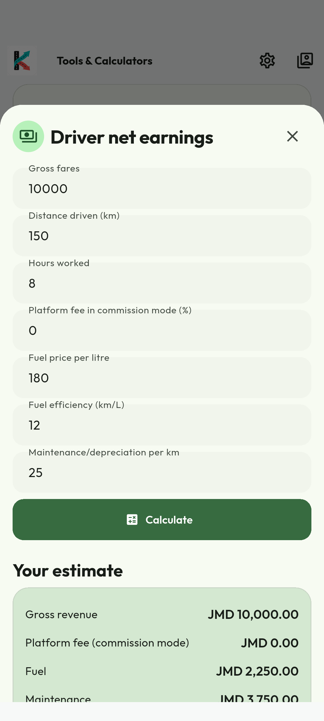 Interpret net earnings cautiously. Calculate shows the sample revenue and expense breakdown. Review every assumption before using it for pricing or budgeting. These estimates are not posted wallet balances, accounting records or a promise of earnings.