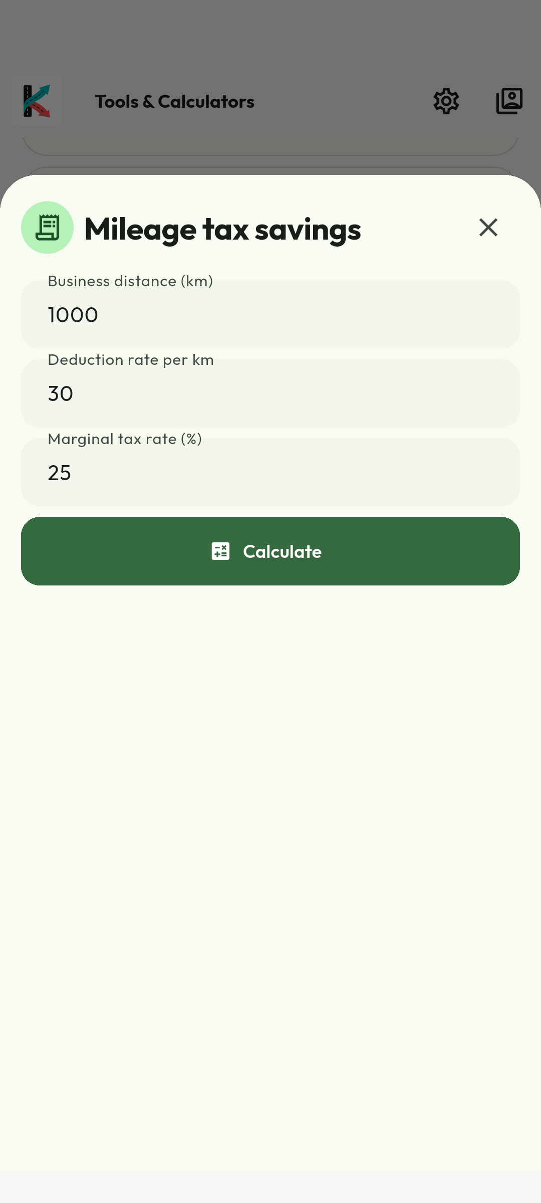 Enter only applicable assumptions. Enter business distance, deductible rate and marginal tax rate using your jurisdiction's rules. Keep records outside this estimate. The calculator does not establish that a deduction is permitted or file a return.