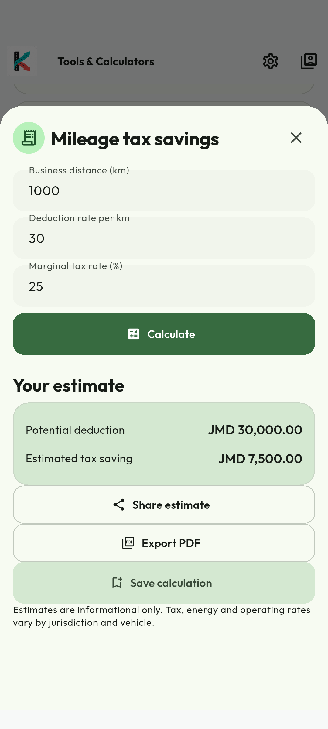 Read the informational result. Review potential deduction and estimated tax saving, then share, export or save where offered. This is not tax approval: confirm eligibility and documentation with the relevant authority or a qualified adviser.