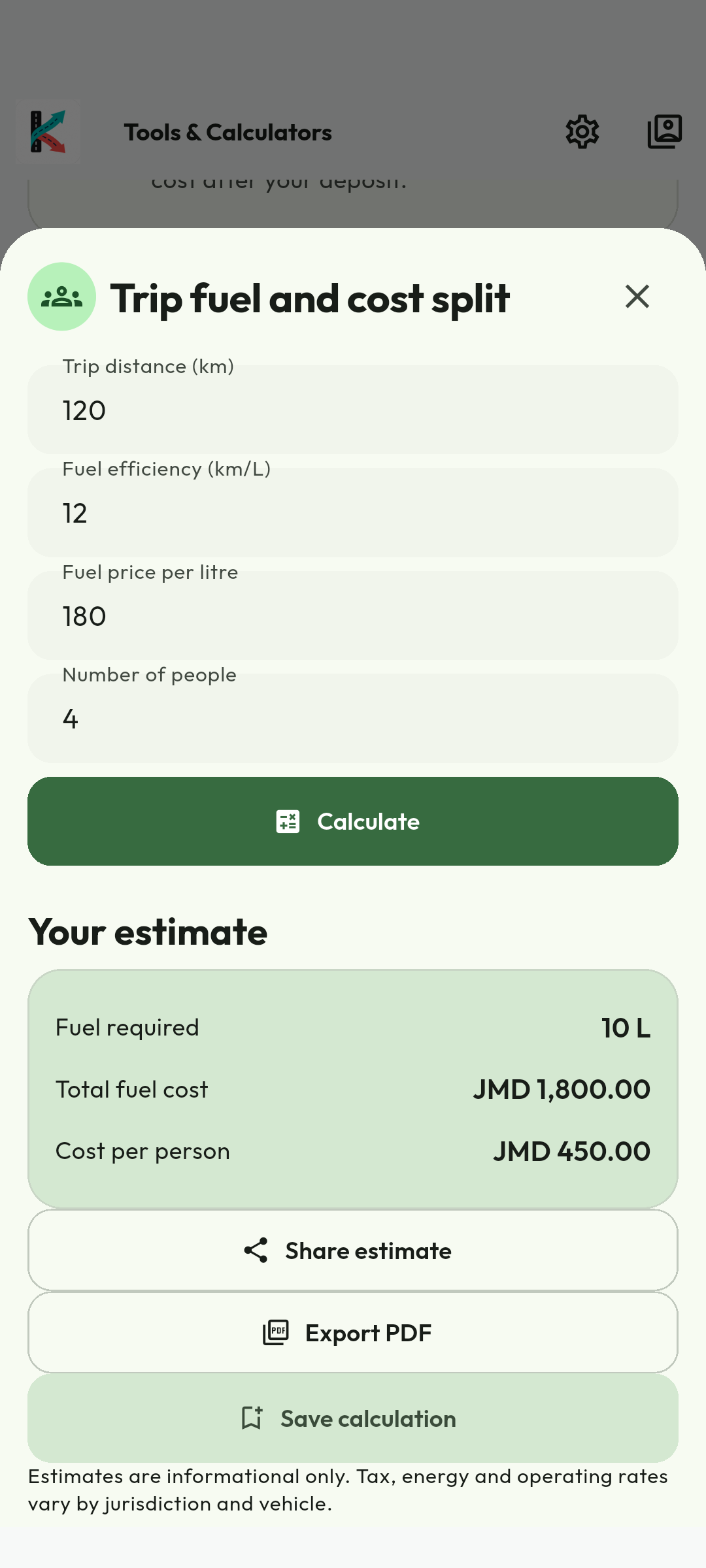 Review and share the estimate. The result separates fuel required, total fuel cost and cost per person. Share or export an estimate where available; saving needs an account and does not initiate a wallet payment.