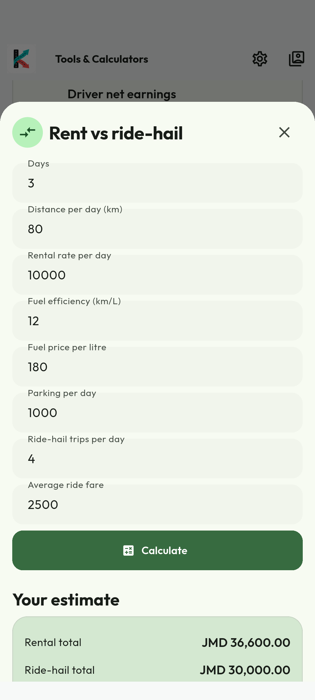 Compare like-for-like totals. Calculate compares rental and ride-hail totals. Check exclusions, deposits, insurance and parking before deciding. This is a planning tool: it neither reserves a vehicle nor guarantees that a driver is available.