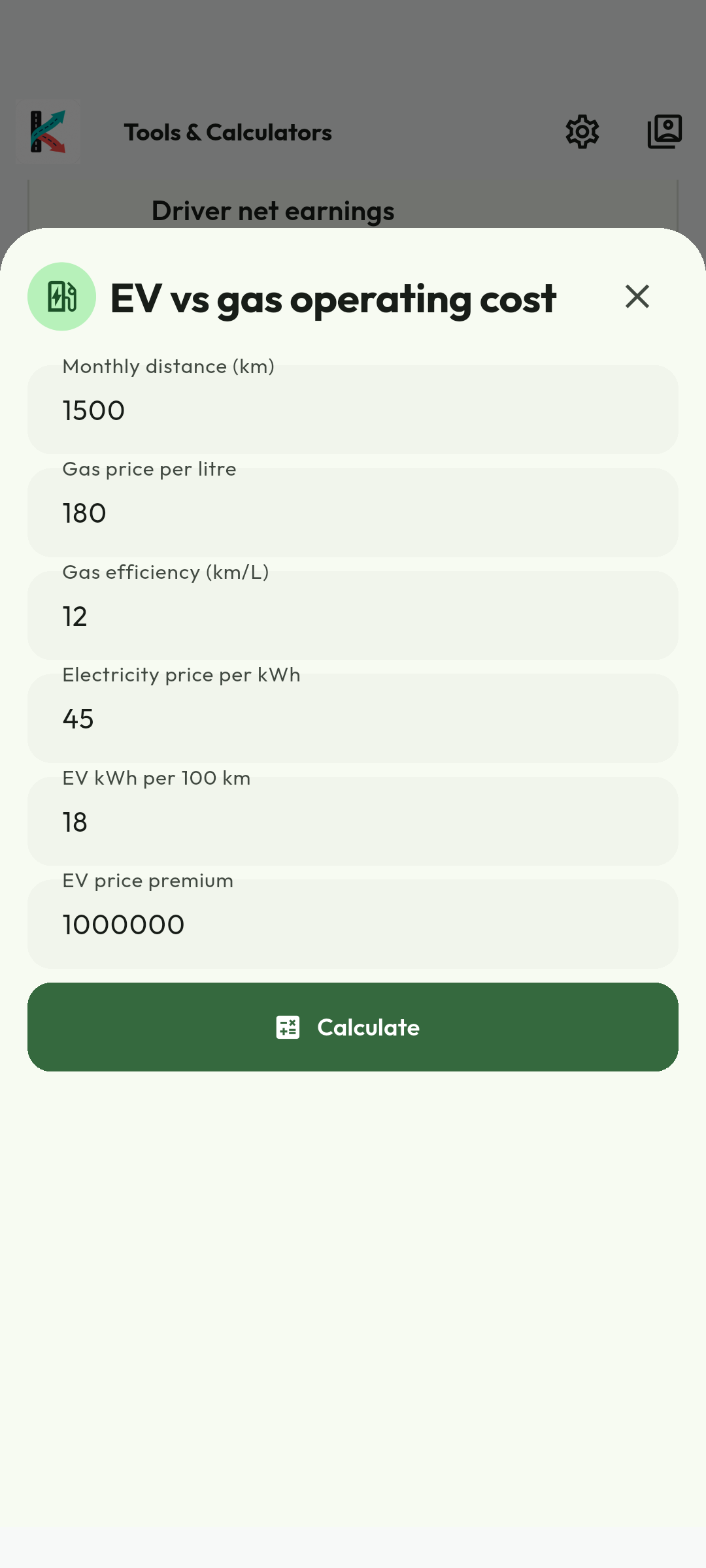 Use comparable energy inputs. Enter monthly distance, fuel price, petrol economy, electricity price, EV consumption and any purchase premium. Verify each unit and use comparable vehicles. The illustrated values are sample assumptions.