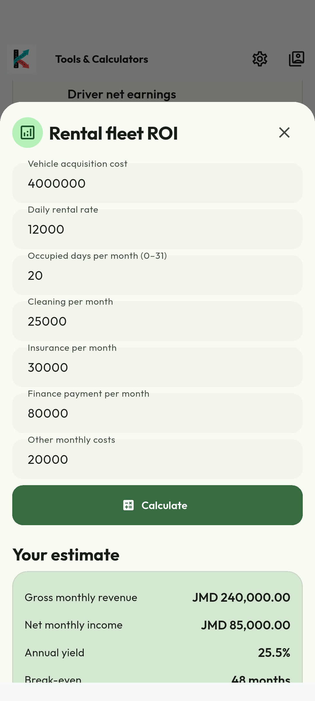Review yield without booking assumptions. Calculate shows gross monthly revenue, net monthly income, annual yield and break-even. These are assumption-based projections, not ledger balances or guaranteed demand. Review omitted costs and compare with actual finance and booking reports.