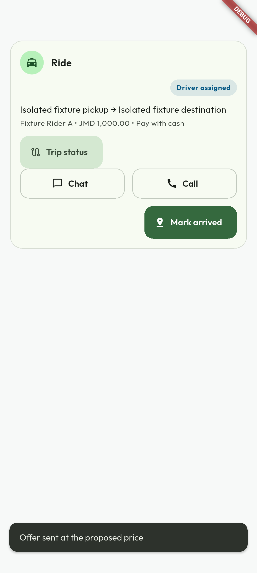 Assigned: approach the pickup. The Driver assigned badge exposes Mark arrived, Trip status, Chat and Call. Confirm the correct request, navigate safely and mark arrival only after actually reaching pickup. Location and proof requirements still apply.