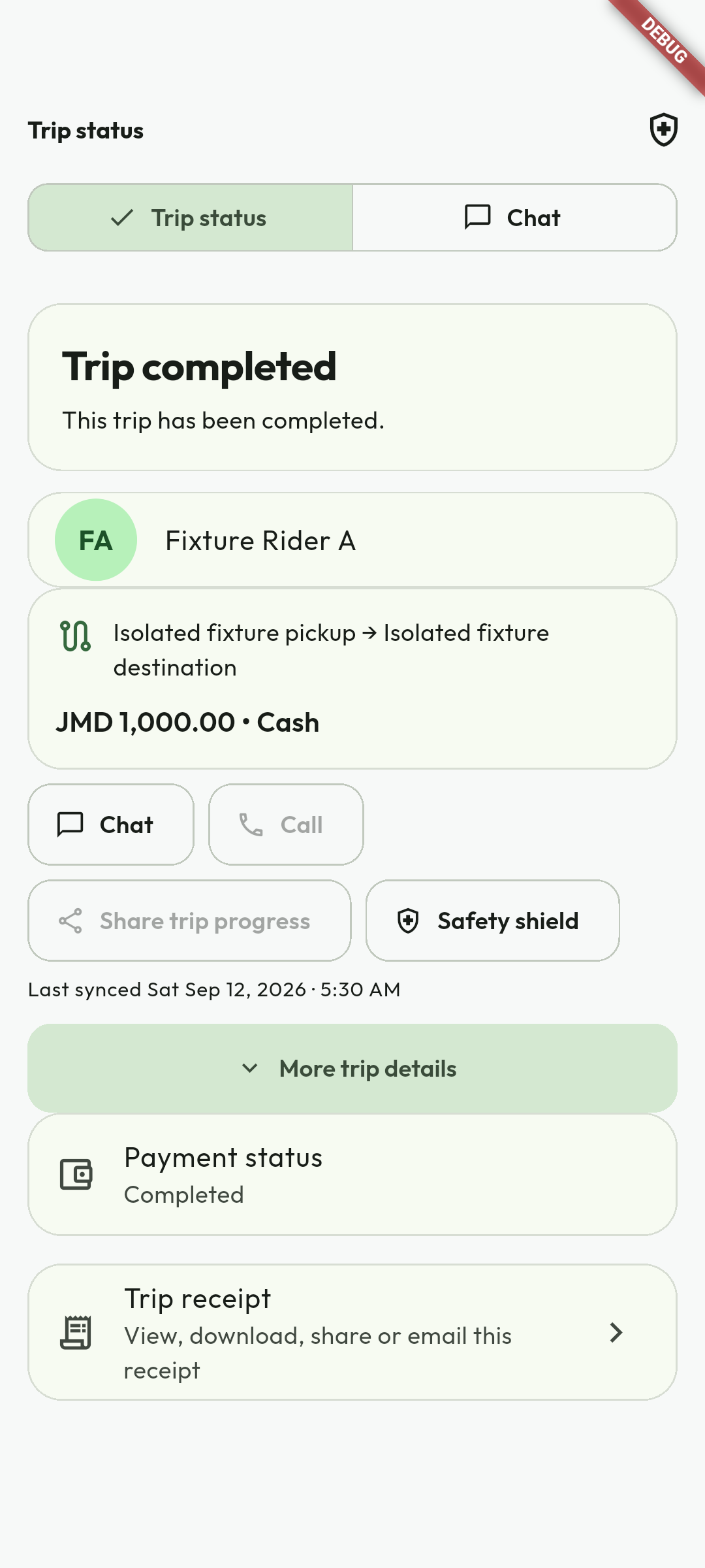 Completed is a terminal trip state. Review Trip completed and the separate Payment status before opening Trip receipt. In this isolated cash example the payment reads Completed; that does not prove another trip settled. Disabled calling/sharing controls are not active-trip actions.