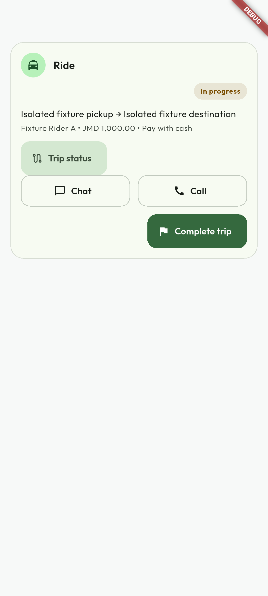 In progress: finish only at the destination. The In progress badge changes the main action to Complete trip. Use Trip status for journey details. Do not complete early or operate these controls while driving; destination and exception policies remain authoritative.