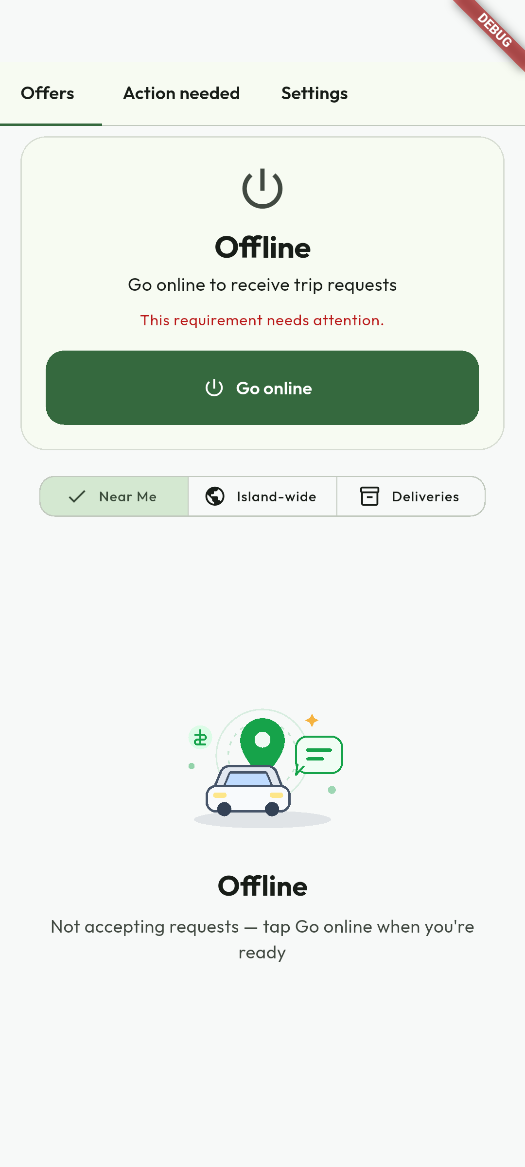 Offline is not accepting requests. This demonstration shows the Offline state and Go online action. Address any readiness requirement using Action needed, then choose Go online only when safely parked and ready. Online eligibility is still decided by the API.