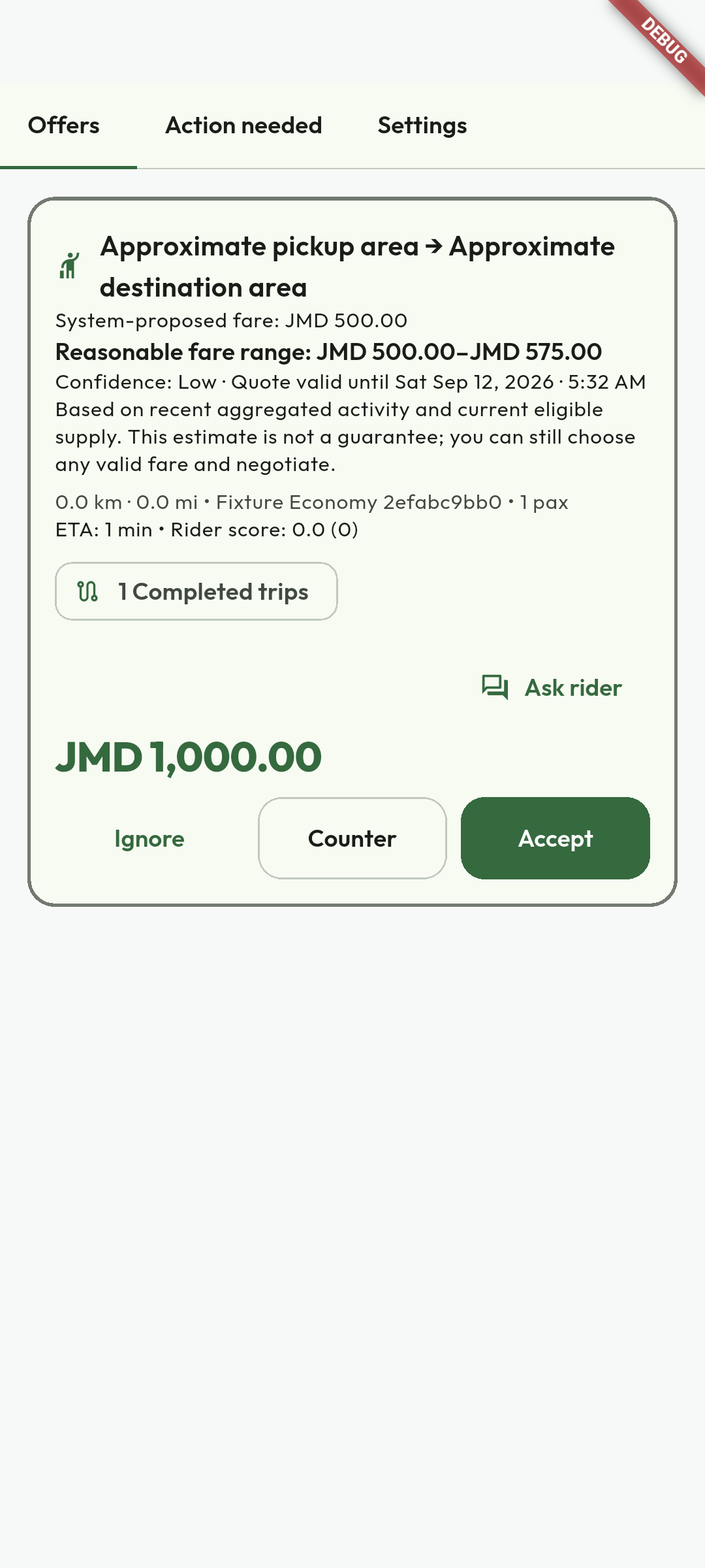 Review before responding. Inspect the request, proposed amount and rider context before Ignore, Counter or Accept. Ask rider is for clarification. Approximate areas and sample fares are demonstration data, not proof of precise pickup or guaranteed earnings.