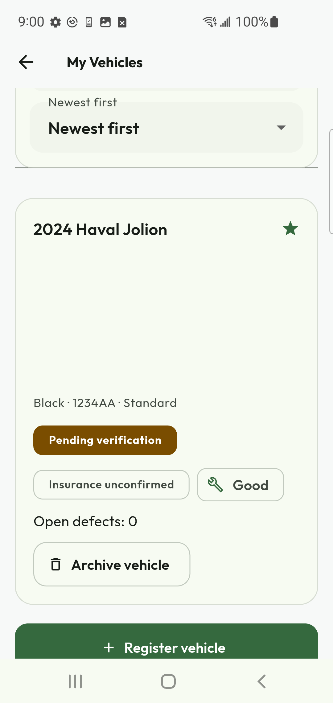 Driver vehicle list with a newly registered vehicle pending verification