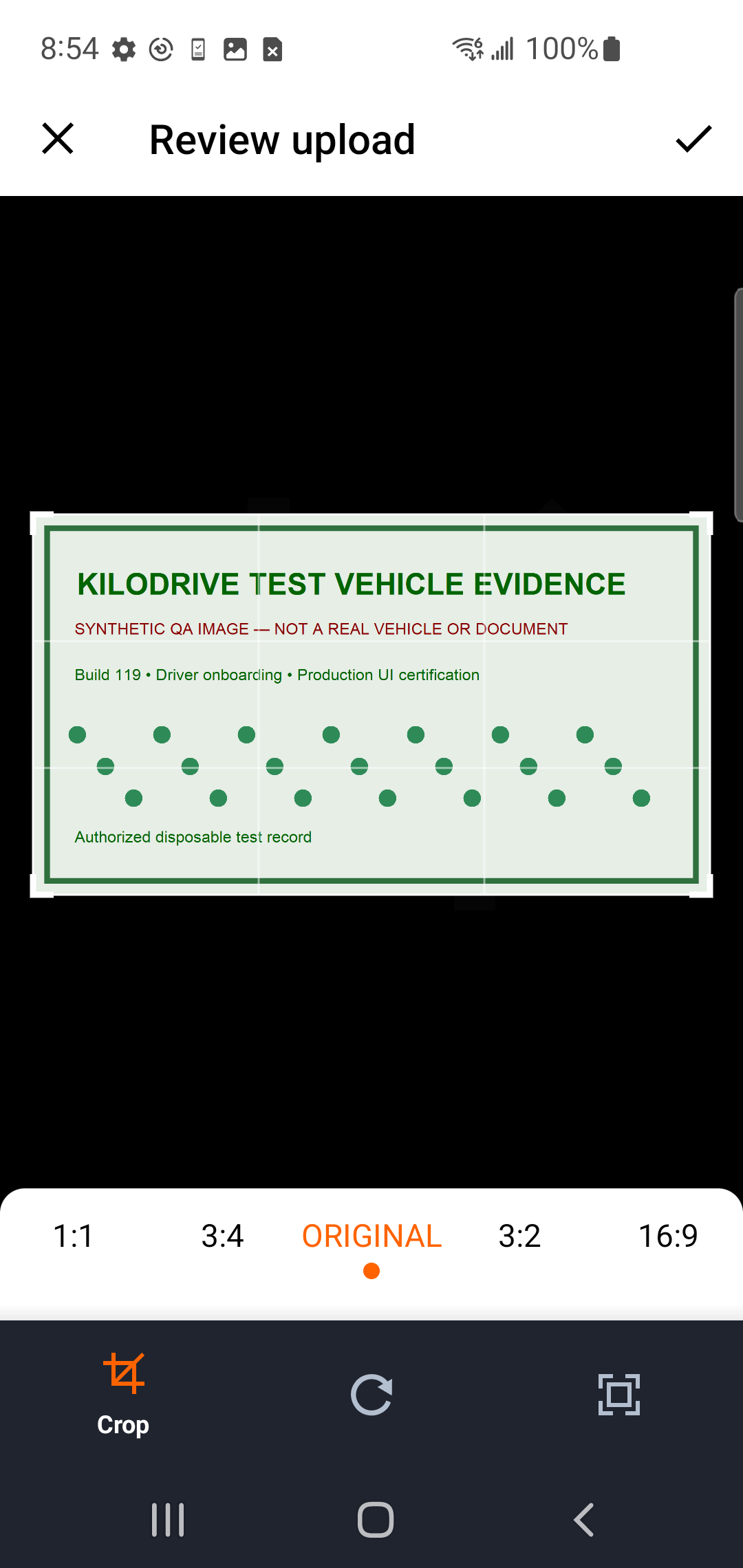 Vehicle insurance evidence in the Android review screen before upload