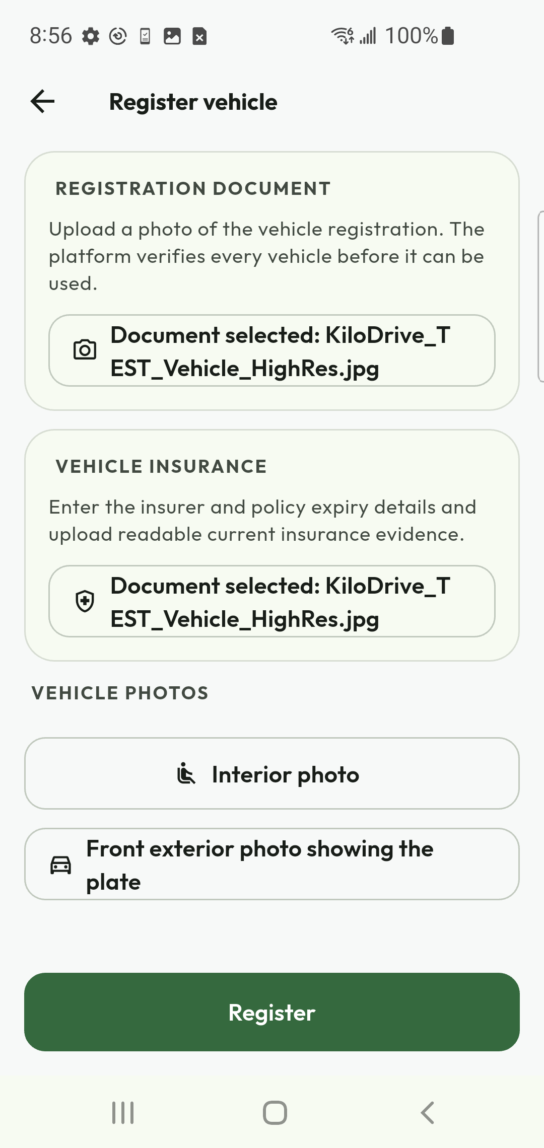 Vehicle registration document preview before upload