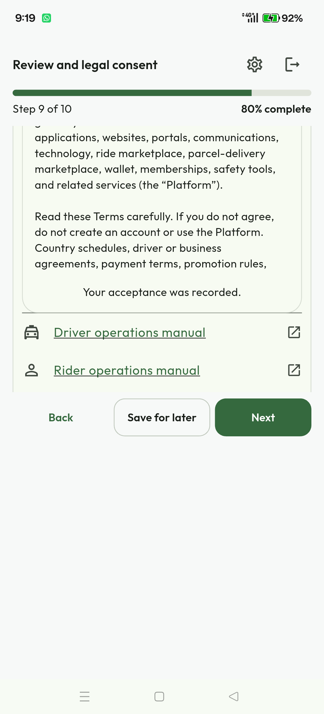Driver onboarding legal step after current documents are accepted