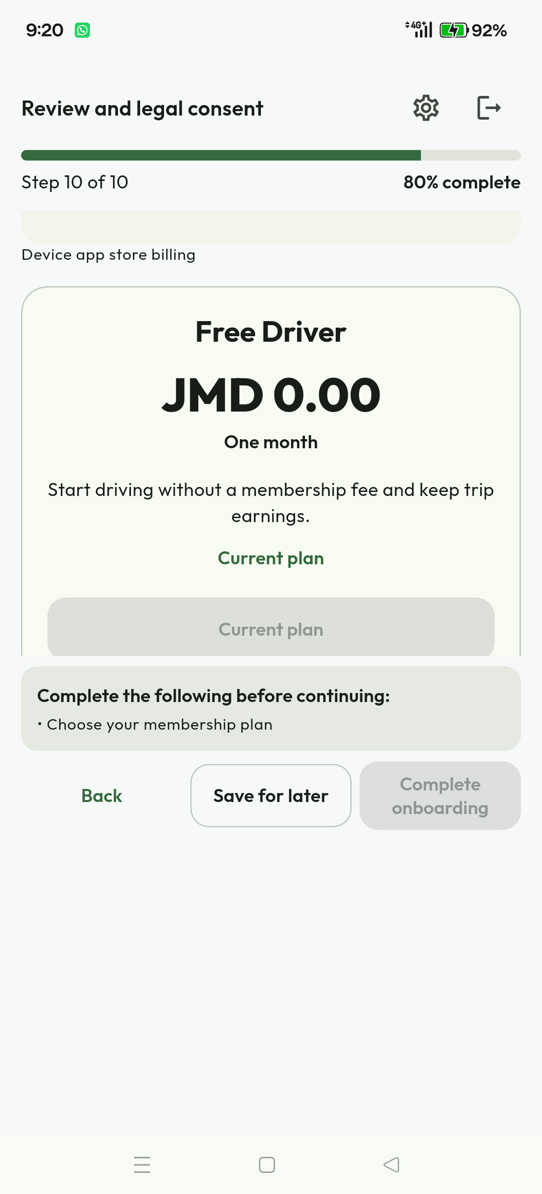 Driver onboarding completion confirmation