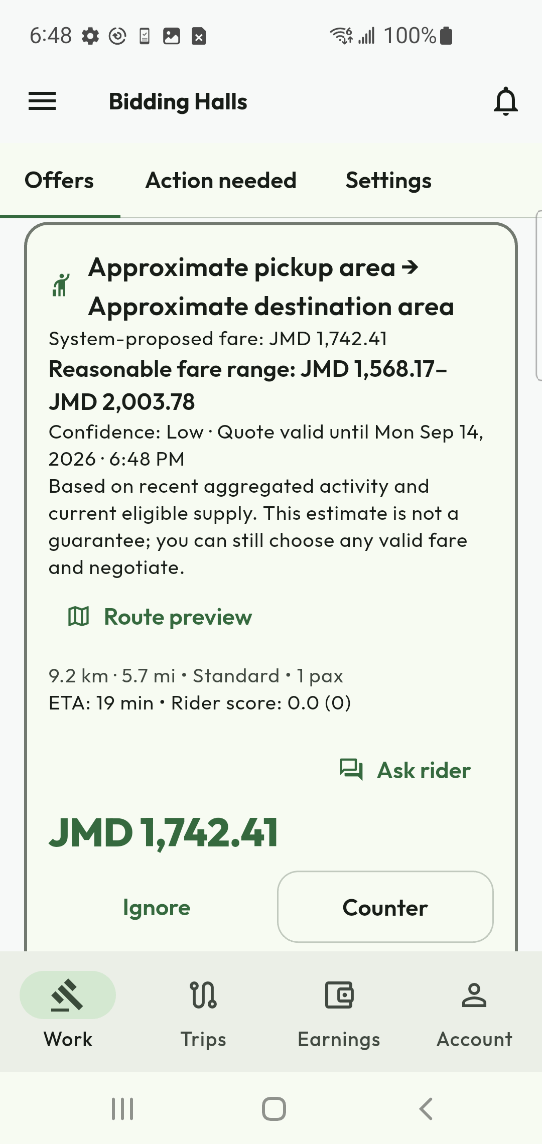 Driver request card with fare and rider information
