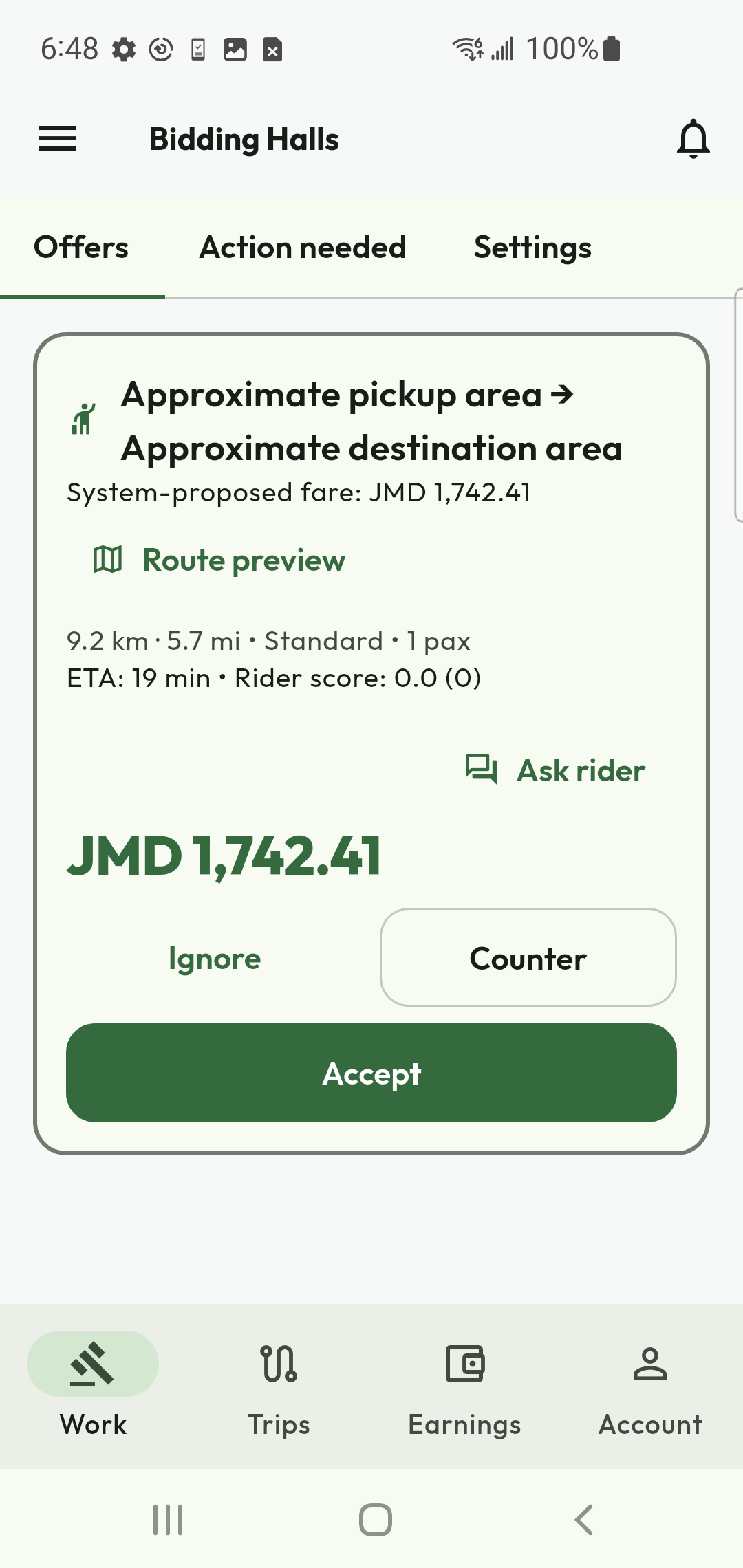 Mapped route preview available before the driver responds