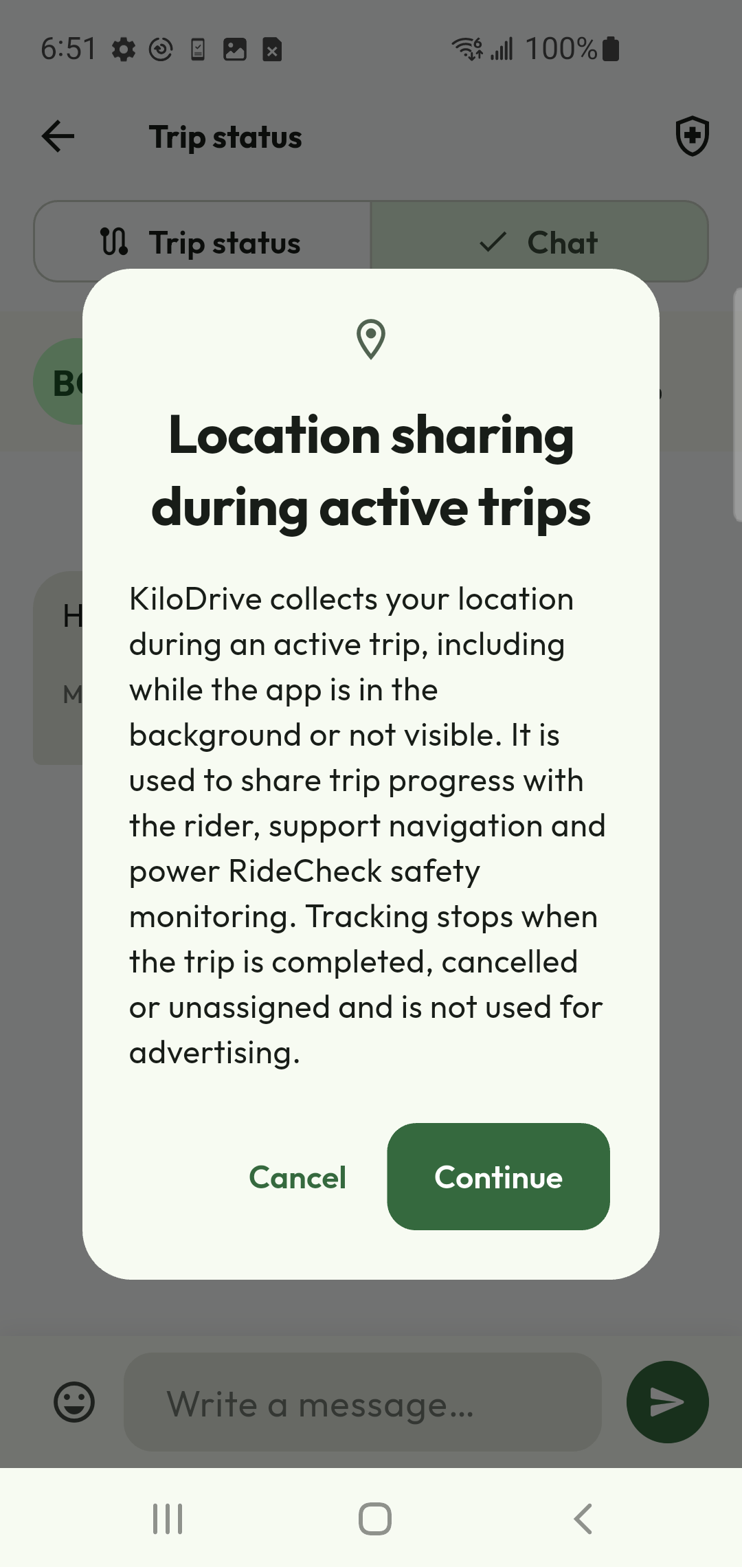 Driver trip chat showing a received rider message