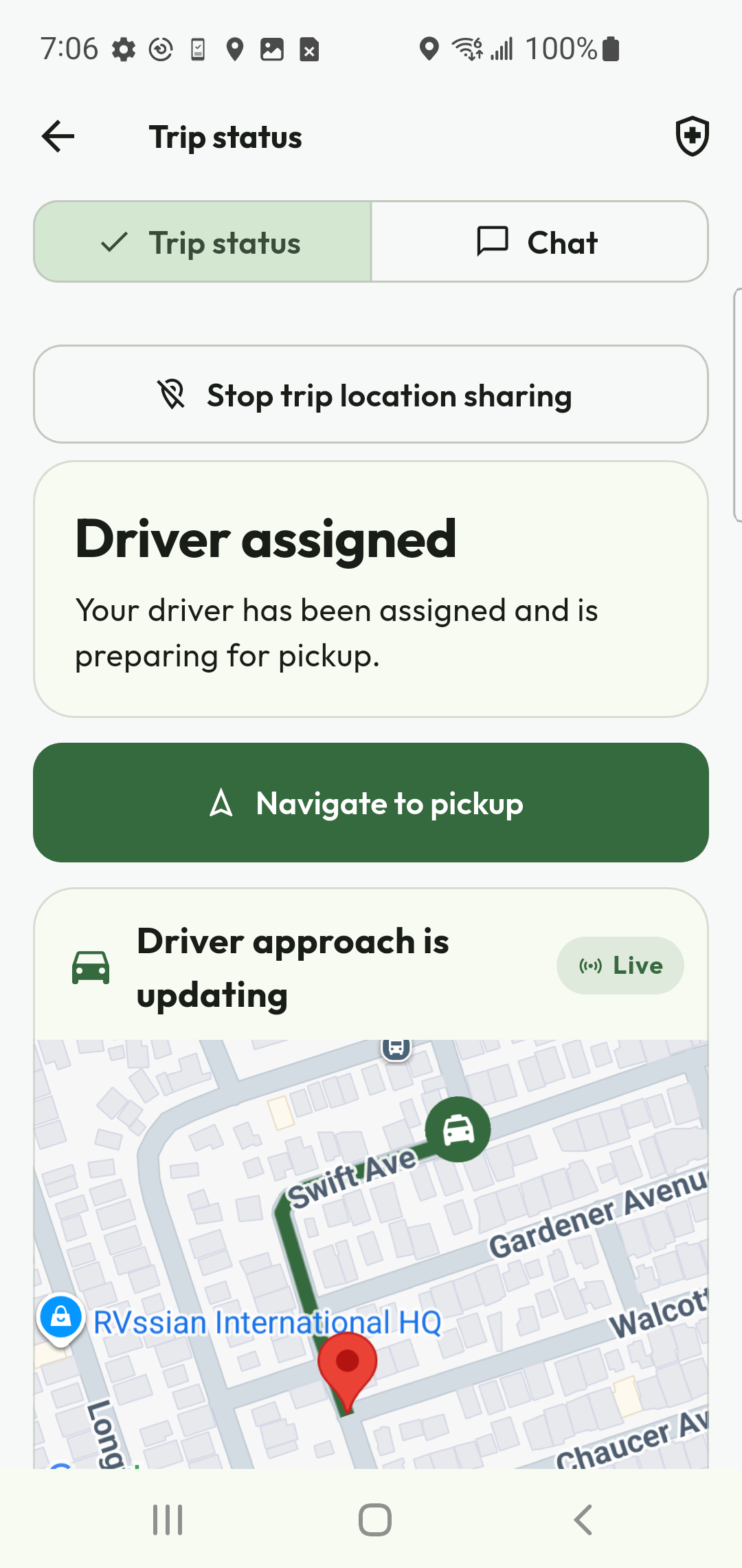Driver assigned trip screen after an accepted offer