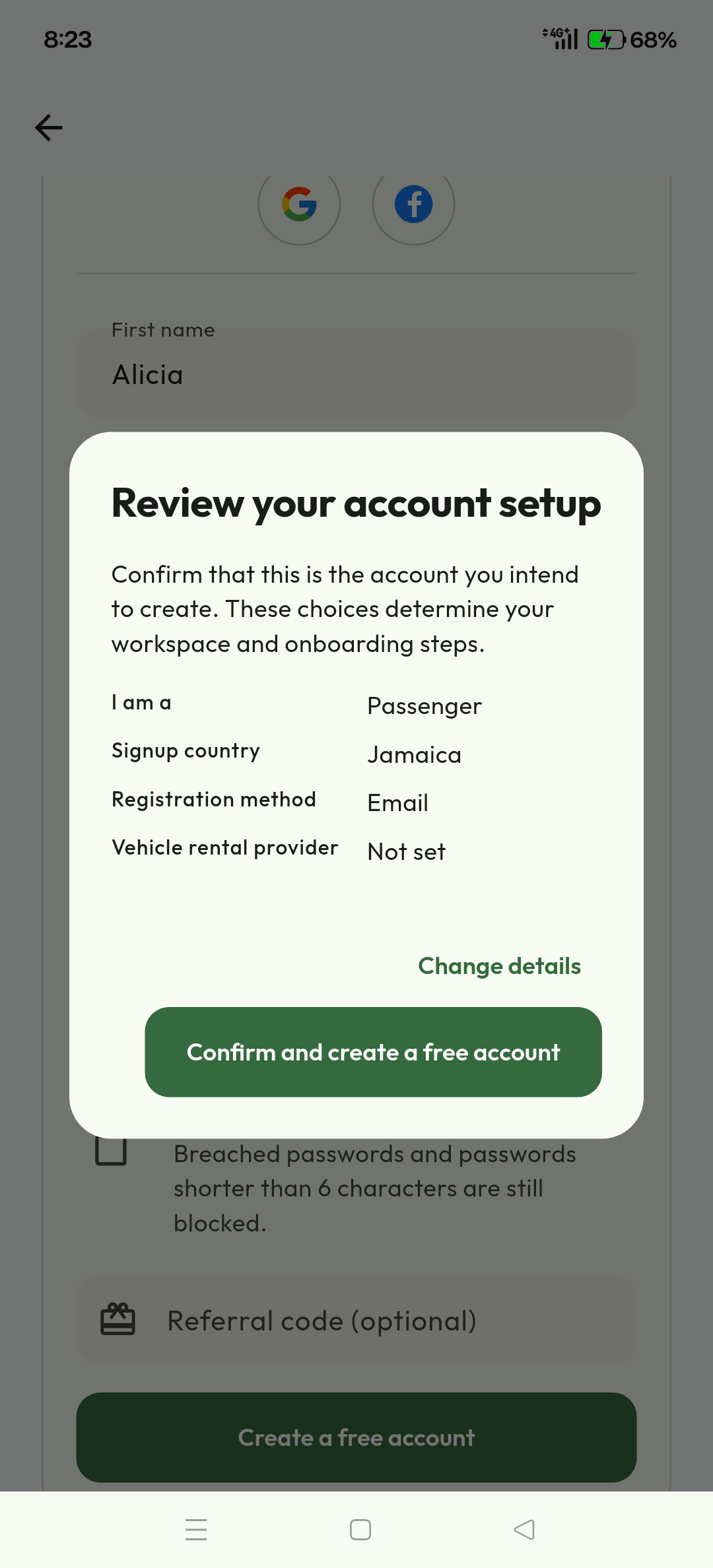 Rider account review dialog showing Passenger, Jamaica and Email before account creation