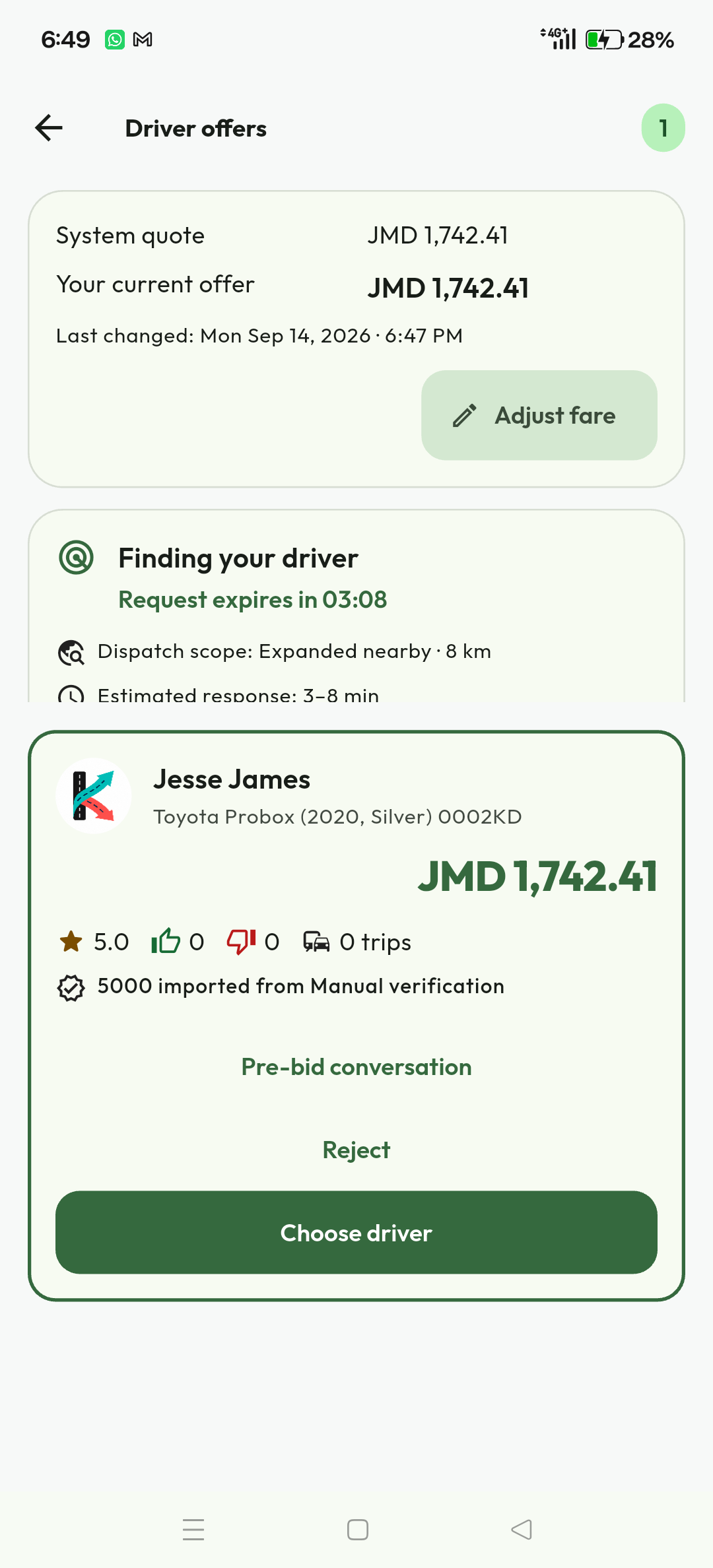 Rider screen showing a driver offer for the active request
