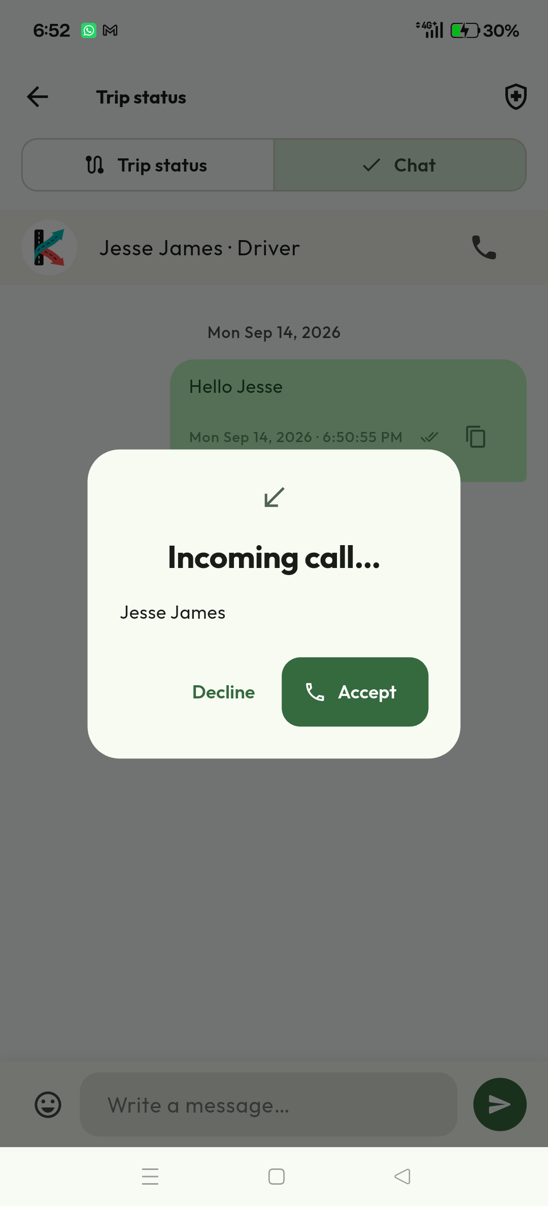 Incoming trip call dialog with Accept and Decline