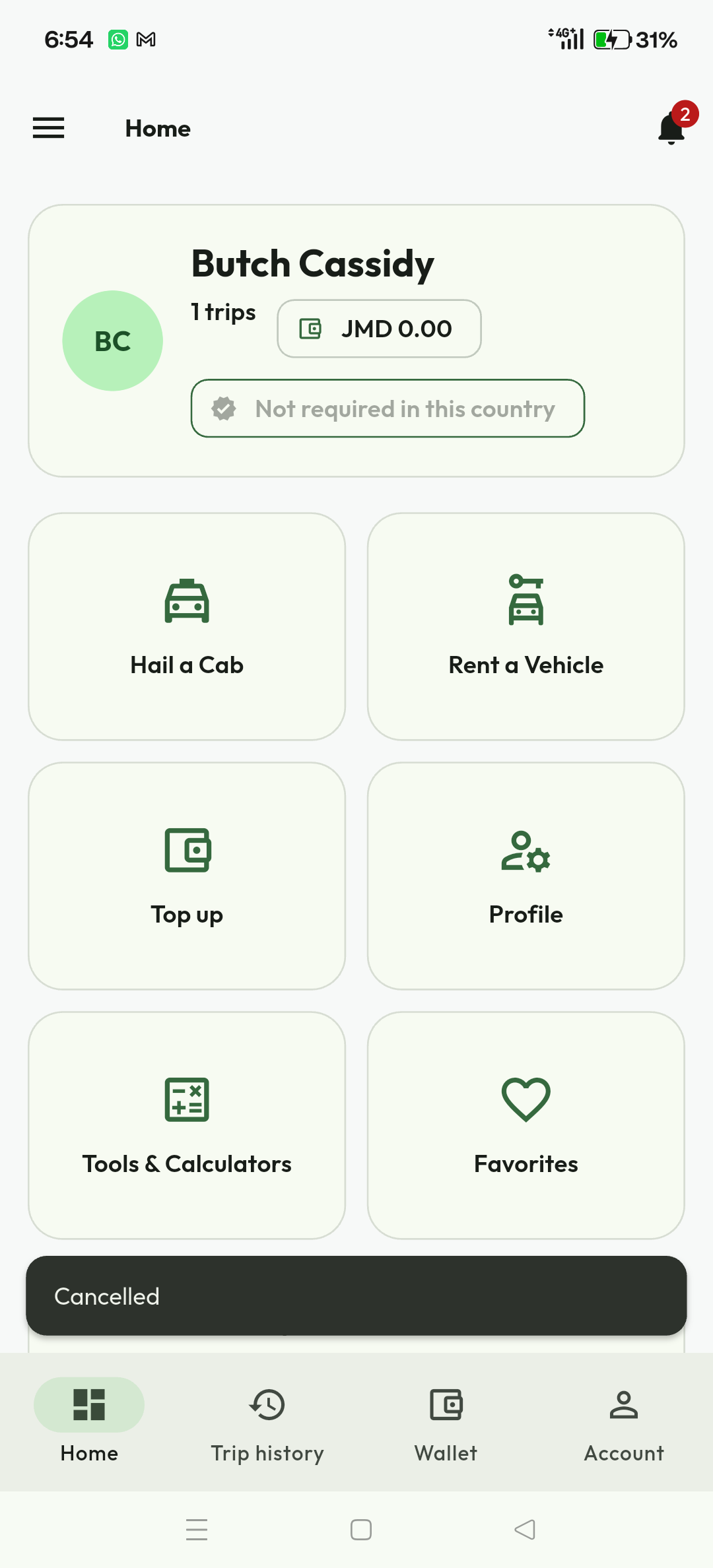 Rider trip screen after cancellation
