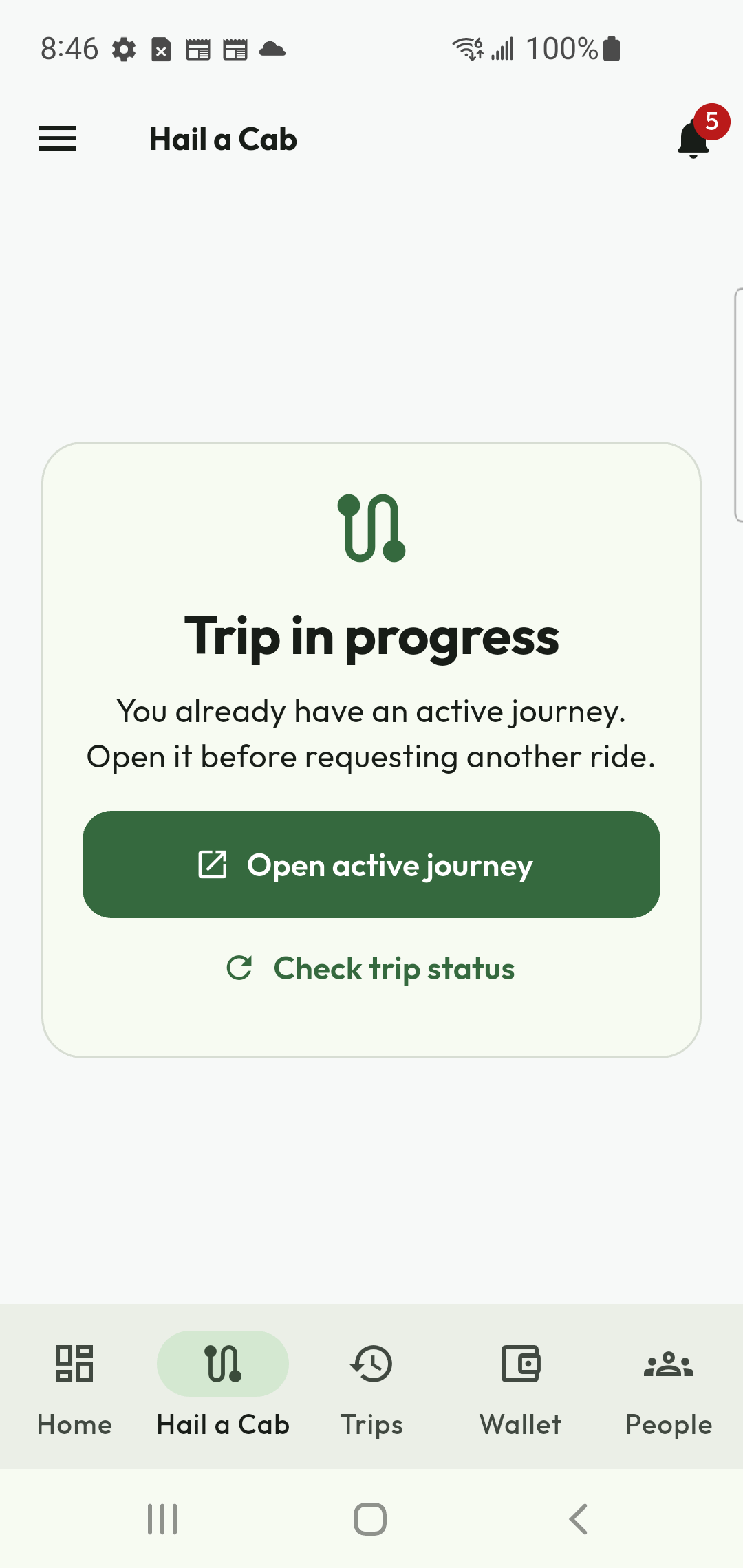 Rider is redirected from Hail a Cab to the authoritative active journey when a trip already exists