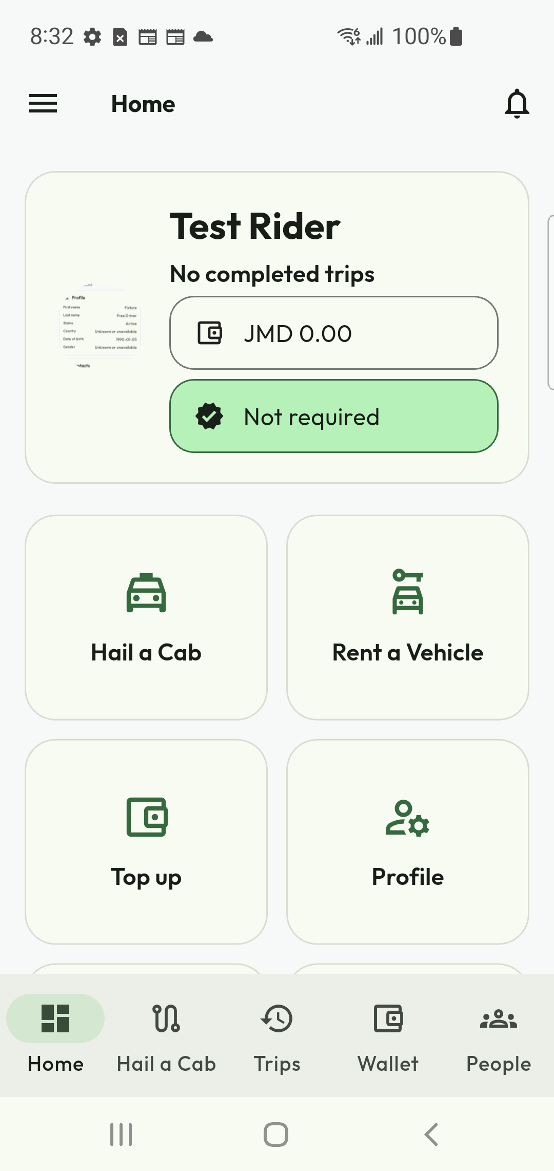 Current physical-device Rider Home workspace with the Hail a Cab entry point